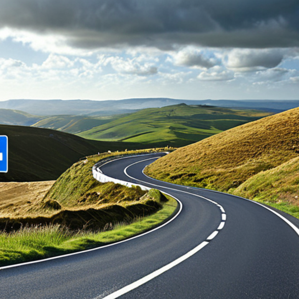 **A winding road representing a career change, with signposts showing different skills and opportunities. The road leads to a bright, hopeful horizon.**