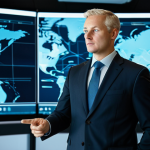 A professional male expert, fully clothed in a modest, dark business suit, stands confidently in a sophisticated, high-tech global trade operations center. In the background, large holographic displays show dynamic world maps with intricate, glowing trade routes and real-time financial data visualizations, reflecting global economic shifts. He is pointing towards the data with a deliberate, insightful gesture, his expression conveying deep strategic thought and a readiness to adapt. The lighting is bright and modern, emphasizing clarity and efficiency. Perfect anatomy, correct proportions, well-formed hands, proper finger count, natural body proportions, natural pose. Professional photography, high quality, safe for work, appropriate content, professional dress.