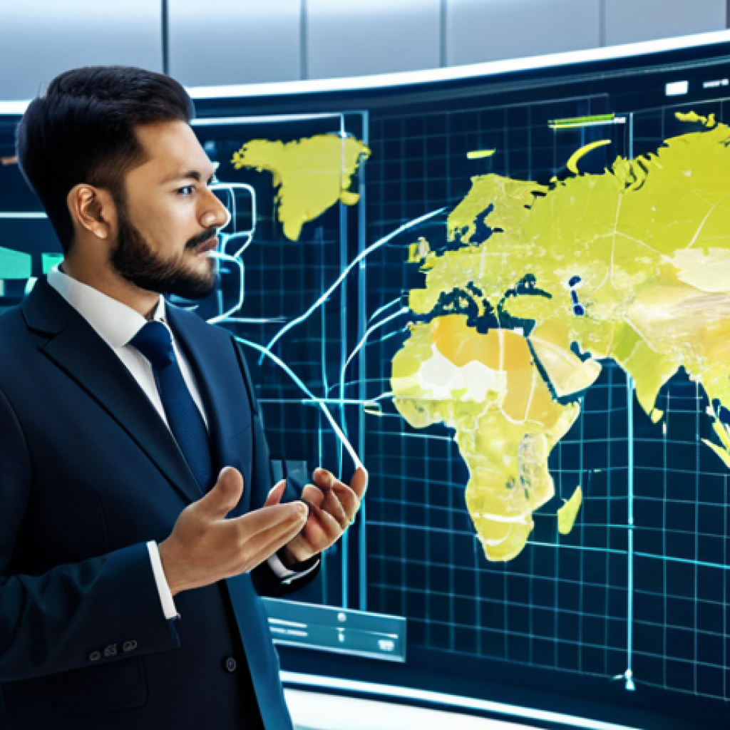 A professional expert, fully clothed in a modest business suit, standing in a futuristic control room, interacting with a holographic display depicting a global supply chain network. The digital interface showcases real-time data flows, blockchain nodes, and IoT sensors on a world map, emphasizing transparency and efficiency. Perfect anatomy, correct proportions, natural pose, well-formed hands, proper finger count, natural body proportions. Professional photography, high resolution, soft studio lighting. Safe for work, appropriate content, fully clothed, professional.