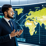 A professional expert, fully clothed in a modest business suit, standing in a futuristic control room, interacting with a holographic display depicting a global supply chain network. The digital interface showcases real-time data flows, blockchain nodes, and IoT sensors on a world map, emphasizing transparency and efficiency. Perfect anatomy, correct proportions, natural pose, well-formed hands, proper finger count, natural body proportions. Professional photography, high resolution, soft studio lighting. Safe for work, appropriate content, fully clothed, professional.