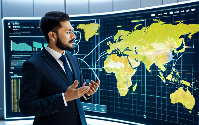 A professional expert, fully clothed in a modest business suit, standing in a futuristic control room, interacting with a holographic display depicting a global supply chain network. The digital interface showcases real-time data flows, blockchain nodes, and IoT sensors on a world map, emphasizing transparency and efficiency. Perfect anatomy, correct proportions, natural pose, well-formed hands, proper finger count, natural body proportions. Professional photography, high resolution, soft studio lighting. Safe for work, appropriate content, fully clothed, professional.
