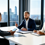 A diverse group of five professional business individuals, fully clothed in modest business attire, are seated around a sleek, modern conference table in a sunlit boardroom. They are engaged in a calm, collaborative discussion, with one person pointing to a document on a digital tablet. The atmosphere is one of focused problem-solving and mutual understanding. A clear, strong contract document is subtly visible on the table, symbolizing prevention. The background features large windows overlooking a contemporary city skyline. Perfect anatomy, correct proportions, natural pose, well-formed hands, proper finger count, natural body proportions. High-quality professional photography, detailed, realistic, corporate branding style. Safe for work, appropriate content, fully clothed, professional.