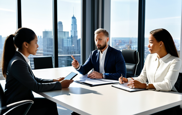 A diverse group of five professional business individuals, fully clothed in modest business attire, are seated around a sleek, modern conference table in a sunlit boardroom. They are engaged in a calm, collaborative discussion, with one person pointing to a document on a digital tablet. The atmosphere is one of focused problem-solving and mutual understanding. A clear, strong contract document is subtly visible on the table, symbolizing prevention. The background features large windows overlooking a contemporary city skyline. Perfect anatomy, correct proportions, natural pose, well-formed hands, proper finger count, natural body proportions. High-quality professional photography, detailed, realistic, corporate branding style. Safe for work, appropriate content, fully clothed, professional.