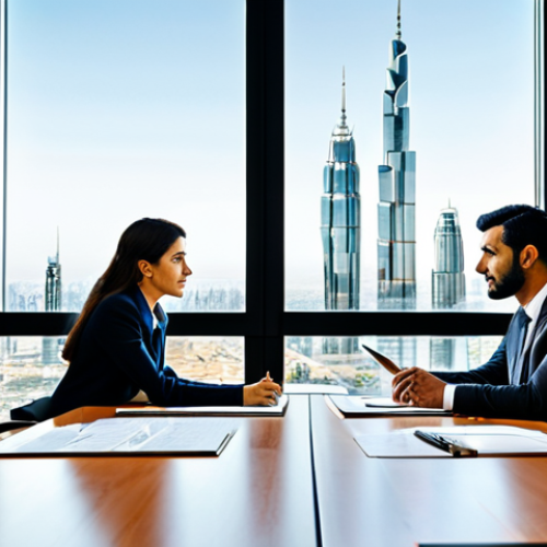A male and a female business professional, fully clothed in modest business suits and appropriate attire, are seated at a large, polished conference table in an elegant, modern office. They are reviewing important financial documents, with a focused and professional demeanor. Through the large windows, a subtle cityscape view suggests global trade connections. The office decor incorporates contemporary design elements with subtle influences of Arabic geometric patterns, creating a refined atmosphere. Cinematic lighting, professional photography, high-resolution, sharp focus, natural pose, perfect anatomy, correct proportions, well-formed hands, proper finger count. safe for work, appropriate content, professional, family-friendly.