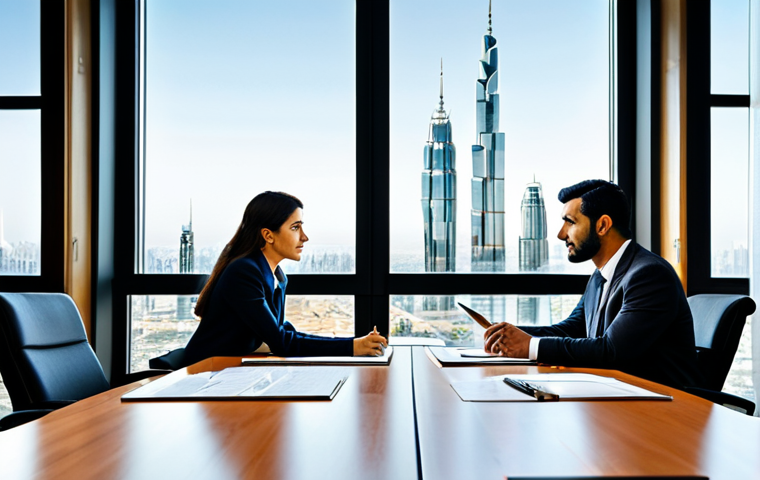 A male and a female business professional, fully clothed in modest business suits and appropriate attire, are seated at a large, polished conference table in an elegant, modern office. They are reviewing important financial documents, with a focused and professional demeanor. Through the large windows, a subtle cityscape view suggests global trade connections. The office decor incorporates contemporary design elements with subtle influences of Arabic geometric patterns, creating a refined atmosphere. Cinematic lighting, professional photography, high-resolution, sharp focus, natural pose, perfect anatomy, correct proportions, well-formed hands, proper finger count. safe for work, appropriate content, professional, family-friendly.