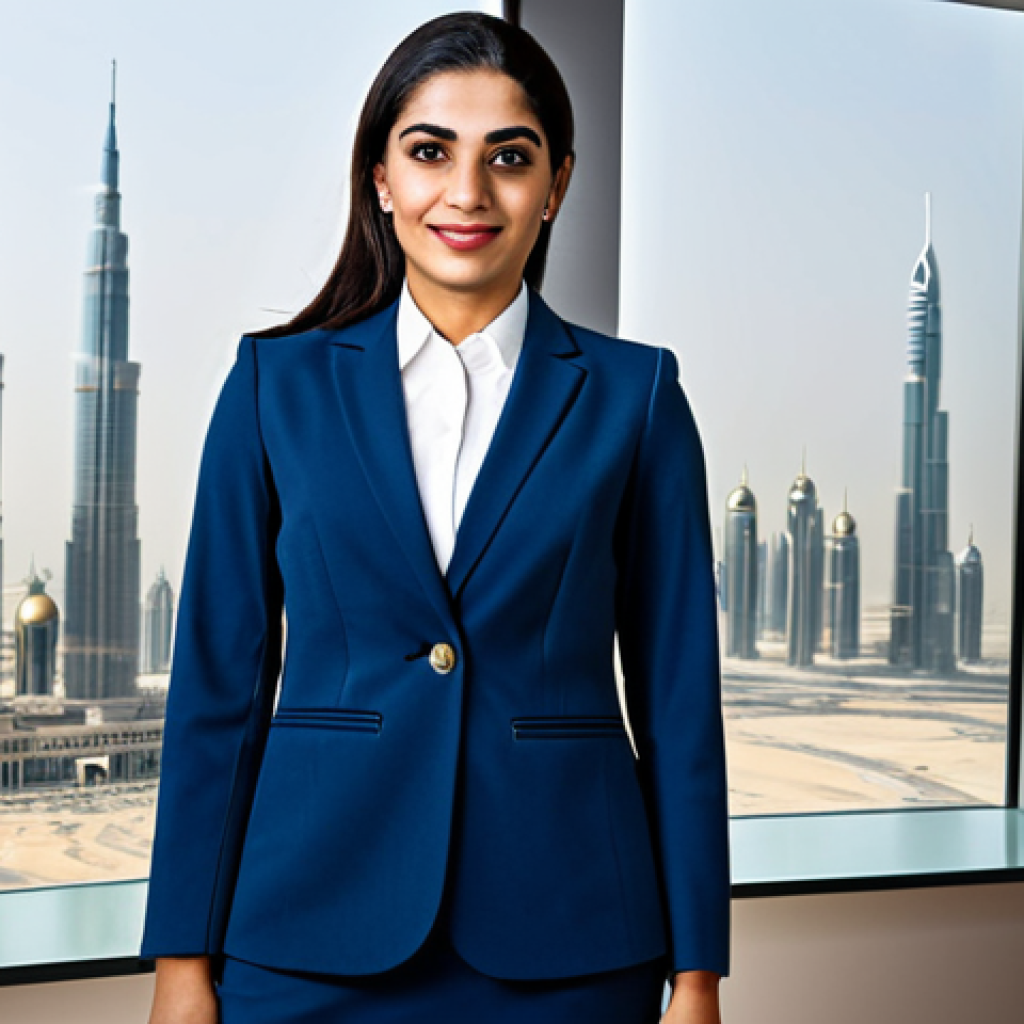**

"A confident Arab businesswoman in a professional, modest business suit, standing in a modern office setting with Dubai skyline in the background, fully clothed, appropriate attire, safe for work, perfect anatomy, natural proportions, professional photography, high quality, family-friendly."

**