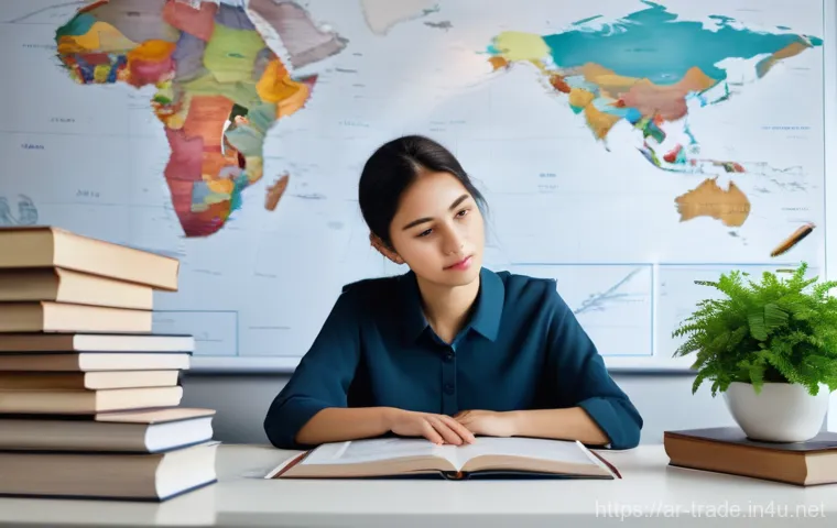 국제무역사 필기시험 준비 일정 - **Prompt 1: Focused International Trade Scholar** "A diligent young woman in her late 20s, weari...