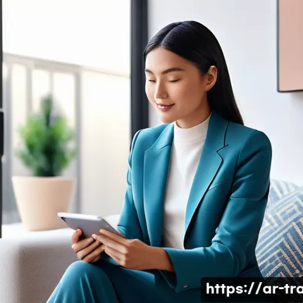 무역업계에서의 신기술 활용 사례 - **AI-Powered Personalized Shopping Experience:** "A stylish woman in her late 20s, dressed in sm...