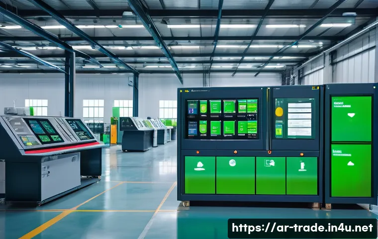 무역업계에서의 지속 가능성 사례 - A modern Middle Eastern factory interior showcasing advanced green technology integration, featuring...
