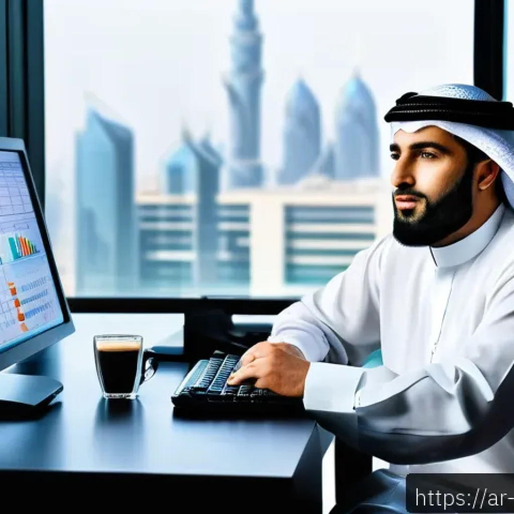 무역 실무를 위한 재무 분석 - A professional Arab businessman in traditional attire (thobe and ghutra) sitting at a modern office ...