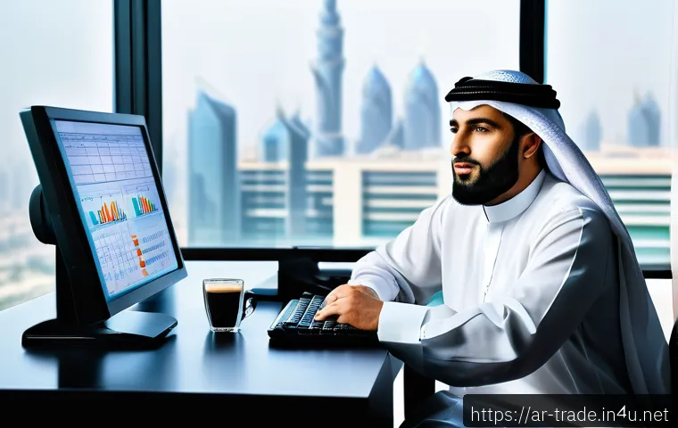 무역 실무를 위한 재무 분석 - A professional Arab businessman in traditional attire (thobe and ghutra) sitting at a modern office ...