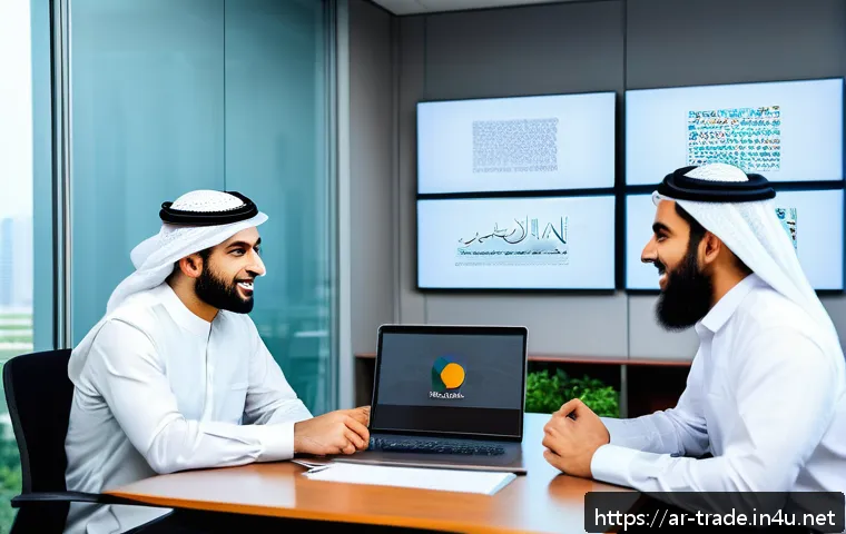 무역 실무자의 업무 효율화 방법 - A modern office scene in a Middle Eastern setting with a diverse Arabic-speaking business team colla...
