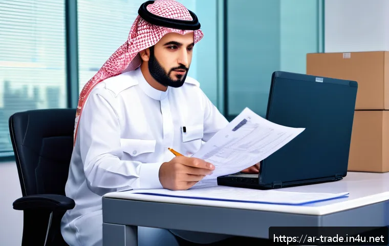 수출입 통관 시 발생하는 문제 해결법 - A professional Middle Eastern customs clearance officer in a modern office setting, carefully review...