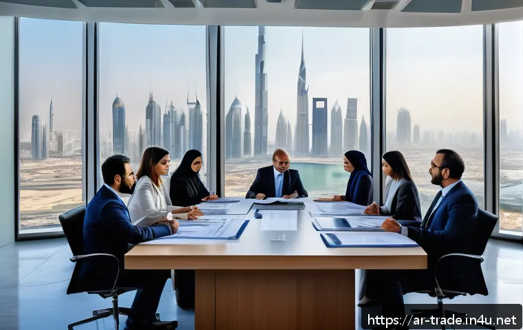 수출입 계약에서의 주요 쟁점 - A professional business meeting scene in a modern office setting with diverse Arab men and women in ...
