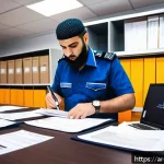Home 20 무역 실무 케이스 스터디 - A professional Middle Eastern customs officer carefully inspecting detailed shipping documents on a ...
