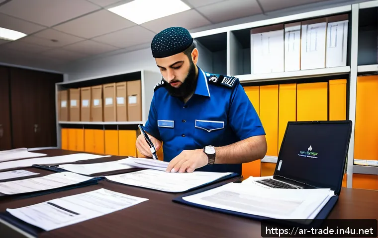 무역 실무 케이스 스터디 - A professional Middle Eastern customs officer carefully inspecting detailed shipping documents on a ...