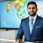Home 19 무역업계에서 인정받는 자격증 - A professional Arab man in formal business attire, wearing a tailored suit and tie, confidently pres...