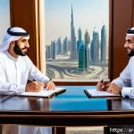 Home 18 수출입 계약에서의 법적 이슈 - A professional Middle Eastern business meeting scene inside a modern office with large windows overl...