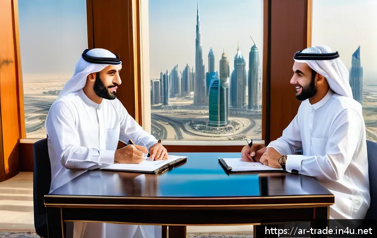 수출입 계약에서의 법적 이슈 - A professional Middle Eastern business meeting scene inside a modern office with large windows overl...