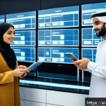 Home 16 무역 실무에서의 데이터 분석 활용 - An advanced smart supply chain control room in a Middle Eastern logistics center, featuring large sc...