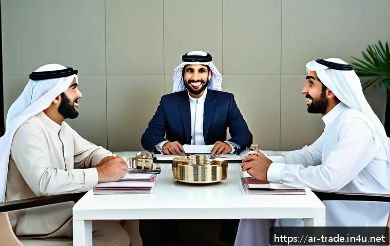 수출입 업무의 기본 - A detailed business meeting scene set in a modern Middle Eastern office, featuring diverse Arab prof...