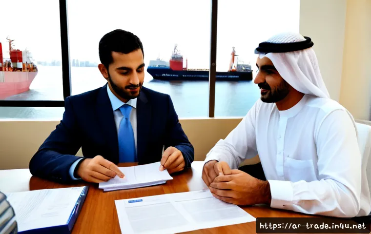 Home 16 수출입 계약의 기본 요소 - Photorealistic export-import contract meeting in a modern Gulf Arab business office, two professiona...