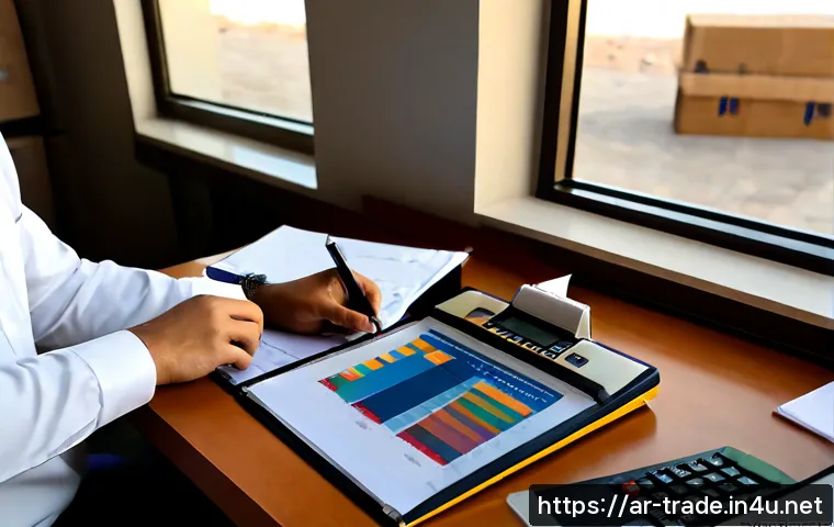 무역 실무 입문자를 위한 자료 - Photorealistic trade training workspace for an Arab beginner, neatly arranged blank shipping documen...